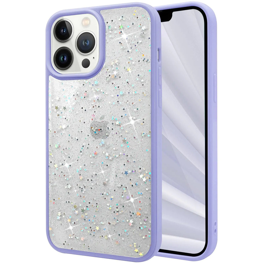 Naiadiy Clear Star Glitter Case Designed for iPhone 15 Pro Max 6.7 Inch Soft Bling Cute Sparkly Transparent Glitter Cover for Women Girls-Purple