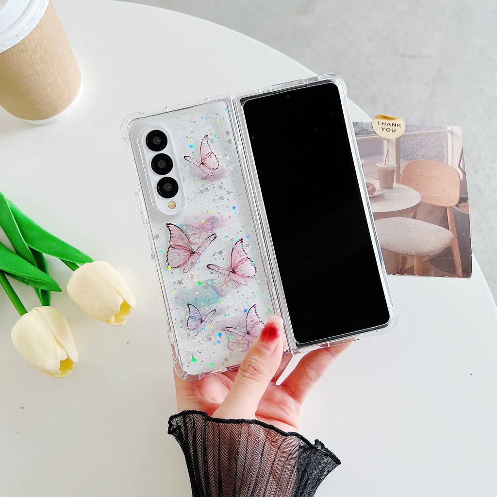 UEEBAI Case for Samsung Galaxy Z Fold 6 5G Pretty Bling Butterfly Glitter Case for Women Cute Shiny Sparkle Phone Case for Girls Butterfly Cover Four Corner Shockproof Slim Fit Case - Pink