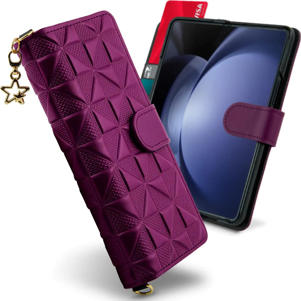 Qoosan for Galaxy Z Fold 6 Genuine Leather Wallet case (2024) Hinge Protection Flip Cover Phone Case for Women Men Purple